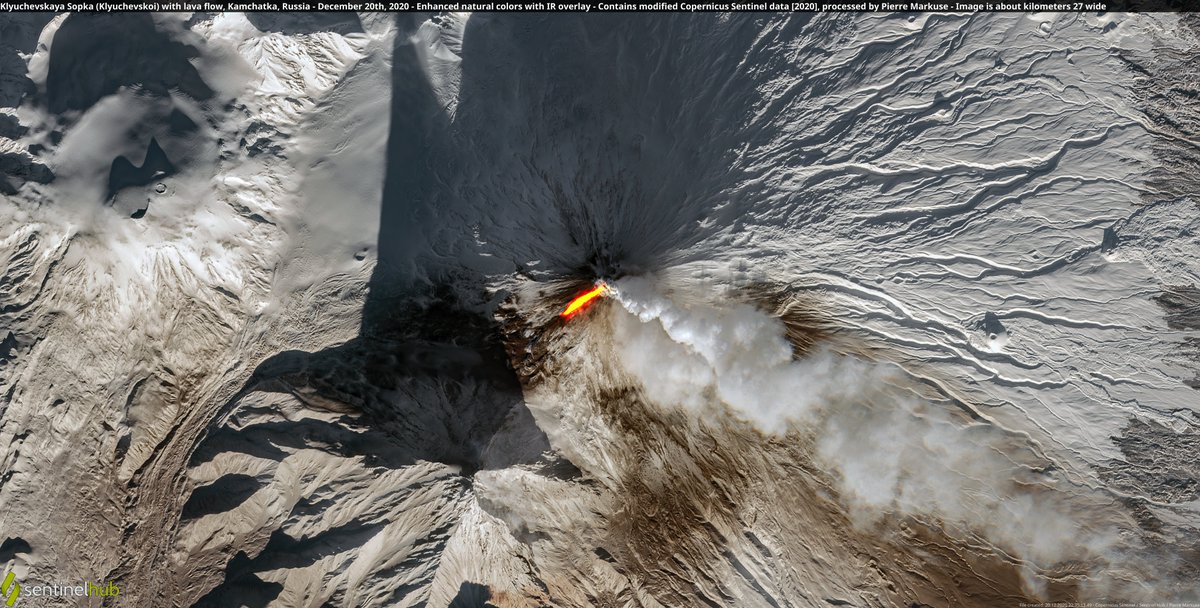 Satellite image of the Klyuchevskaya Sopka (Klyuchevskoi) #volcano with lava flow, Kamchatka, Russia. Copernicus/Pierre Markuse