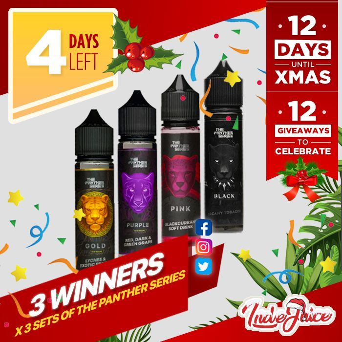 Day 9/12 XMAS Giveaways! <a href="/IndeJuice/">IndeJuice</a> <> Dr Vape are giving EACH of the 3 lucky winners 3 Sets of the delicious Panther Series. 

To Enter: 
1. Follow <a href="/IndeJuice/">IndeJuice</a> &amp; Dr Vape
2. Like this post 
3. Tag some friends &amp; Retweet!

Merry Christmas all!