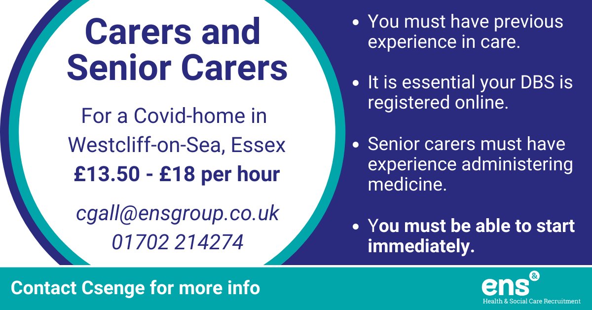 We’re urgently seeking experienced #Carers and #SeniorCarers, on a short-term basis, to support elderly residents in a #CareHome with #COVID; full PPE will be supplied in abundance.

Earn £13.50 - £18 an hour and apply now: ensrecruitment.co.uk/view-job.asp?j…