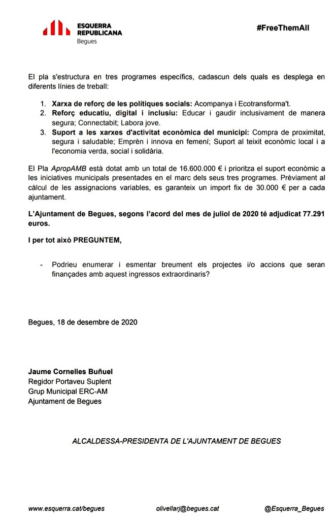 olivellarj's tweet photo. Aquí podeu llegir les preguntes que realitzarem @Esquerra_Begues en el proper Ple Municipal d'@ajbegues sobre la celebració de la Festa Major d'Hivern i sobre el destí dels recursos econòmics del Pla Aprop de l'Àrea Metropolitana d Barcelona #Begues #Baixllobregat #repensemBegues https://t.co/v6S5ii899Z