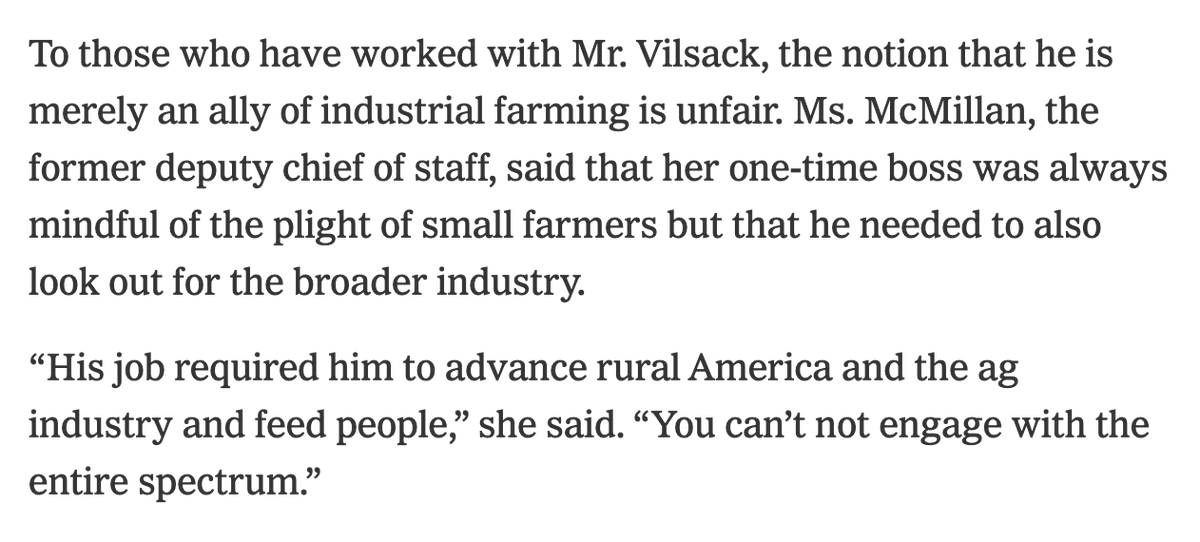 Opens and closes w quotes from Anne MacMillan, who it identifies as only Vilsack's "former aide." (They misspell her name, but that's not the howler.)
