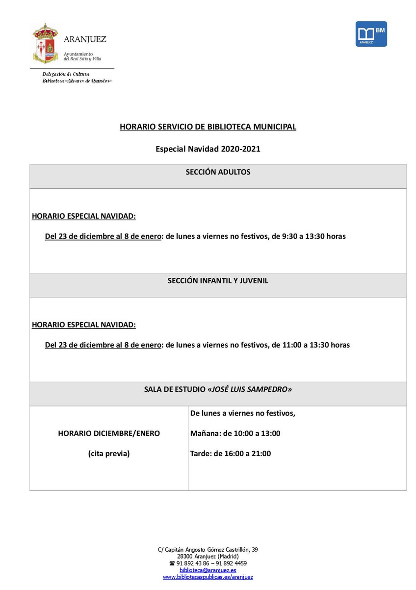 Horario especial Navidad 2020-2021 de la Biblioteca Municipal "Álvarez de Quindós"