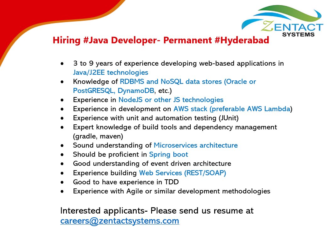 Zentactsystems's tweet image. Hiring #Java_Developer Permanent #Hyderabad 
#Microservices_architecture
#Spring_boot
#AWS_stack 
#NodeJS
Interested applicants- Please send us resume at careers@zentactsystems.com
#RT
#zentactsystems