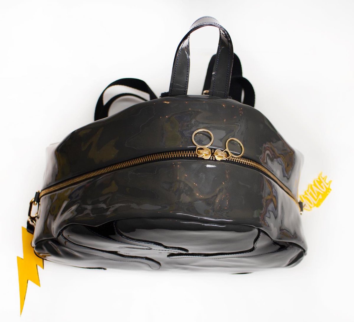 Voltage Couture
Winter 2020
Storm Cloud Backpack 
Patent Leather Body and Detailing with Silk Double Georgette Lining