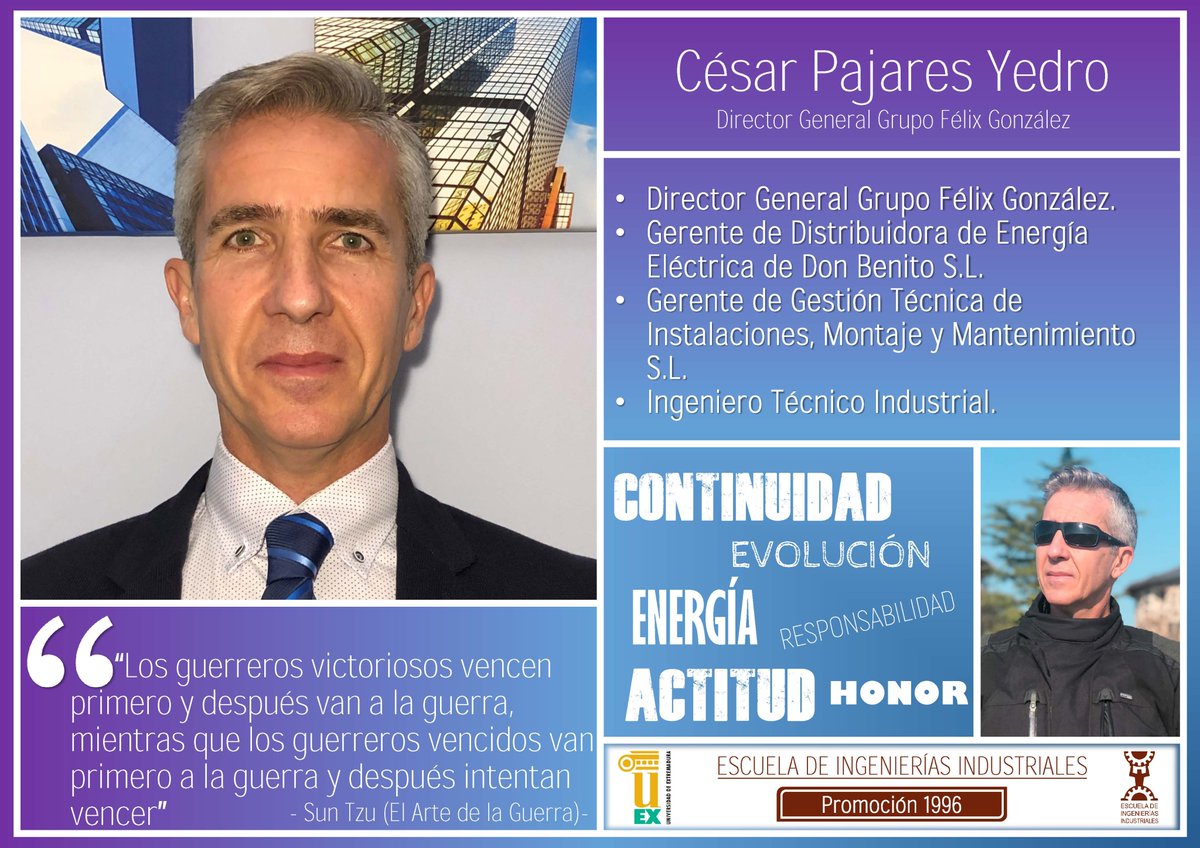 Hoy presentamos a César Pajares Yedro, Director General Grupo Félix González, Ingeniero Técnico Industrial, promoción 1996 de la <a href="/eii_uex/">E.II.II. UEx</a> de la <a href="/infouex/">UEx</a>. Destacamos su organización, evolución, honor, continuidad, responsabilidad, actitud y energía. <a href="/AlumniUEx/">AlumniUEx</a> @cexiti @consejoeii