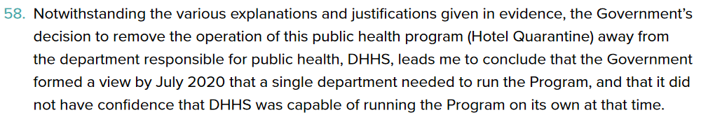 Coate concludes that there was no confidence in  @VicGovDHHS to run HQ. Whether that is because of the actions of Mikkakos or other whys is not gone into.  #auspol  #springst  #hotelquarantine