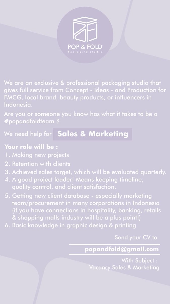 miorando's tweet photo. Hi! Pop and Fold (packaging studio) lagi cari SALES &amp; MARKETING nih☺️ Visit us at instagram https://t.co/kXpMDfEMC6 @hrdbacot https://t.co/uqXFxNAYcX