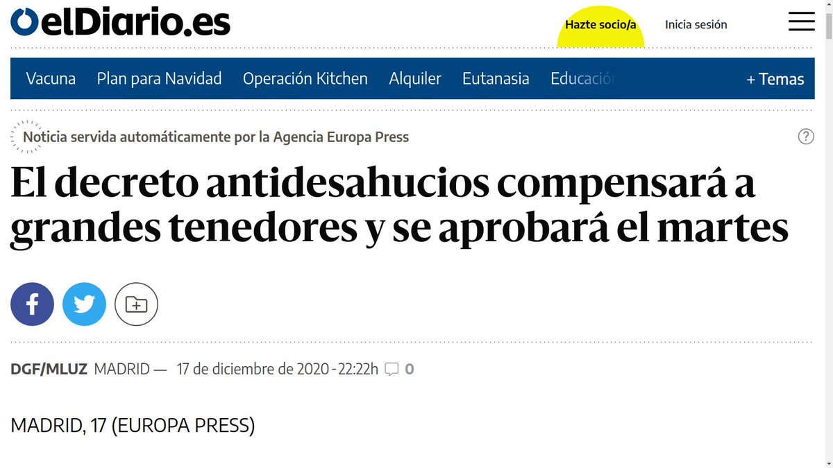 El Govern de l'Estat aprovarà el decret antidesnonaments a canvi d'indemnitzar a preu de mercat els fons voltors, bancs i grans propietaris afectats. 

Tornar a rescatar els especuladors mentre mitja societat està perdent la feina és una vergonya. 

eldiario.es/politica/decre…