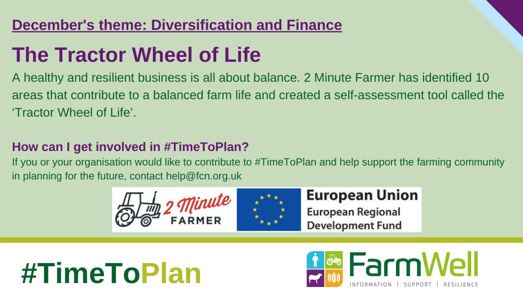A healthy and resilient business is all about balance. <a href="/2MinuteFarmer/">2MinuteFarmer</a> has identified 10 areas that contribute to a balanced farm life and created a self-assessment tool called the ‘Tractor Wheel of Life’. To find out more, visit: farmwell.org.uk/diversificatio…
