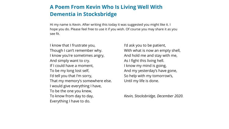 Dementia Action Alliance Sheffield We Ve Been Sent A Very Powerful Poem Written By Kevin Who Is Living Well With Dementia He S Given Permission For It To Be Shared To Raise Dementia Action Alliance Sheffield We Ve Been Sent A Very Powerful Poem Written By Kevin Who Is Living Well With Dementia He S Given Permission For It To Be Shared To Raise