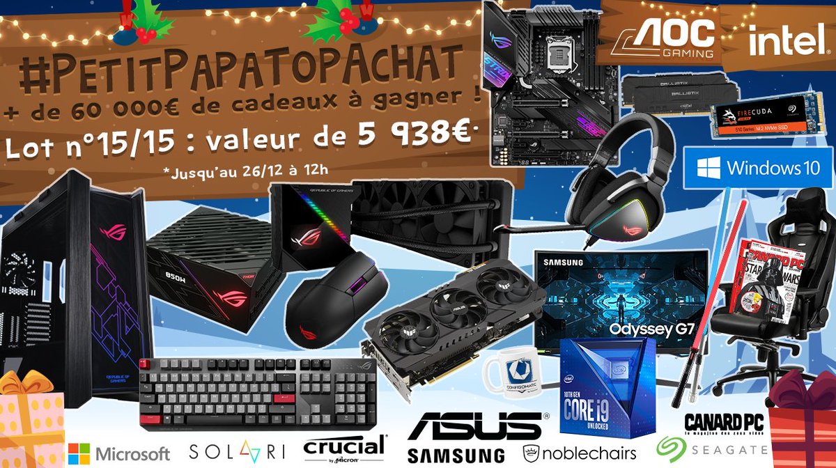 Concours 🎁 #PetitPapaTopAchat 🎄 🔥 + de 60 000 € de cadeaux à gagner ! On termine en beauté avec le #LotFinal de 5938€ ! 🔥 Pour participer ☑ #RT ce tweet ☑ Follow @TopAchat Participe aussi sur Insta / Facebook / le site ➡ topachat.com/pages/concours… 🍀 TAS le 26/12 à 12h