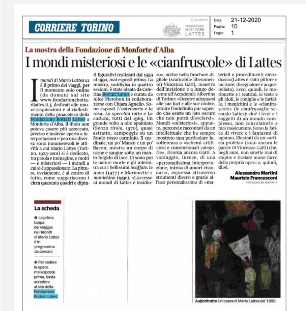 Grazie @CorriereTorino per annunciare la nostra nuova #mostra 'I mondi di #MarioLattes #1', per ora visitabile #online sul nostro sito fondazionebottarilattes.it