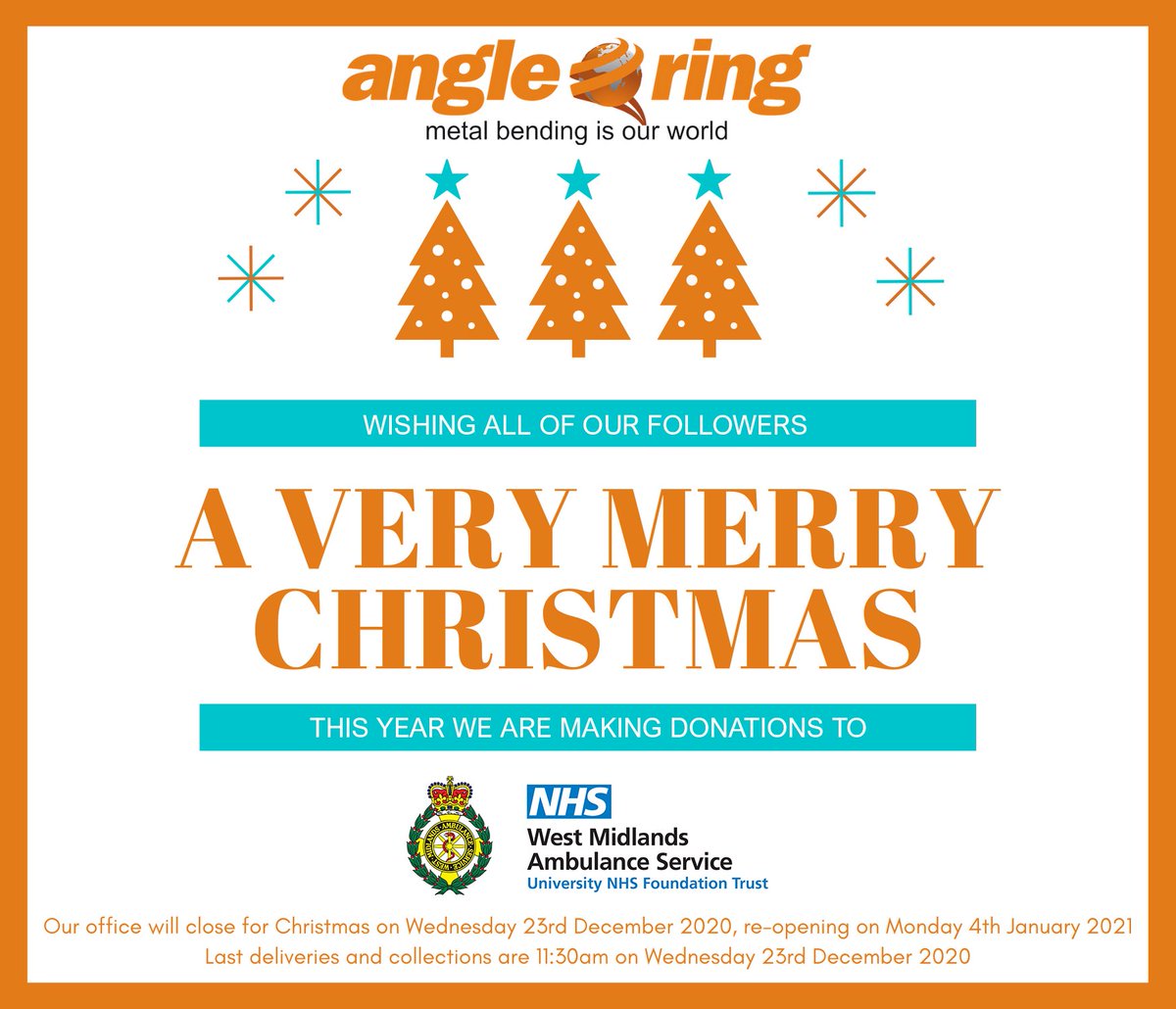 As we close in on the Christmas holiday, we would like to take this opportunity to wish all our fantastic customers, suppliers and contacts a very #MerryChristmas and a #HappyNewYear!

This year, instead of sending corporate gifts we are making a donation to <a href="/OFFICIALWMAS/">West Midlands Ambulance Service #HelpUsHelpYou</a>.