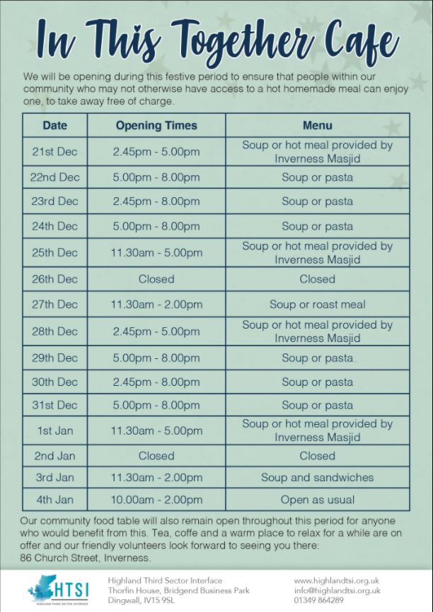 We will be opening our Cafe over this festive period to ensure that people within our community and who may not otherwise have access to a hot homemade meal can enjoy one, to take away free of charge.