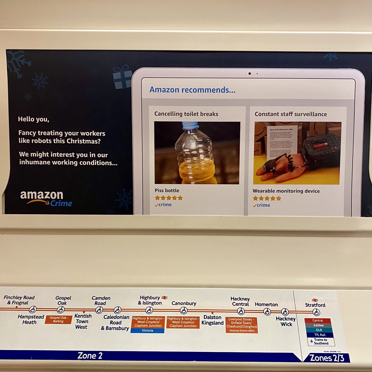 SPOTTED!  @Amazon HQ has been visited by The Ghost of  #Christmas   past! London transport is plastered w/ ads that finally show the disgusting practices that have made  @JeffBezos filthy rich. Read more about why everyone should boycott  #AmazonCrime this Xmas