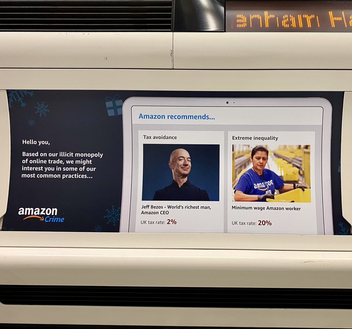 SPOTTED!  @Amazon HQ has been visited by The Ghost of  #Christmas   past! London transport is plastered w/ ads that finally show the disgusting practices that have made  @JeffBezos filthy rich. Read more about why everyone should boycott  #AmazonCrime this Xmas