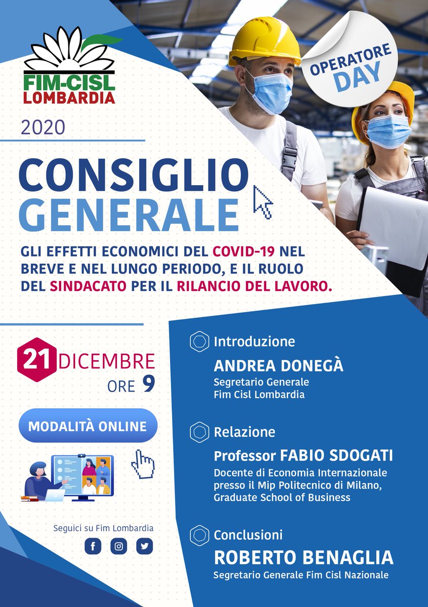 FimLombardia's tweet photo. Oggi Consiglio Generale. Dopo relazione del Segr Gen #FIM Lombardia #Donegà e contributo importante del Segr Gen @CislLombardia #Duci, lezione del Prof @FabioSdogati sugli effetti economici del #Covid_19 nel breve e lungo periodo.Conclude Segr Gen #FIM Cisl nazionale #Benaglia. https://t.co/abwqERIfrv