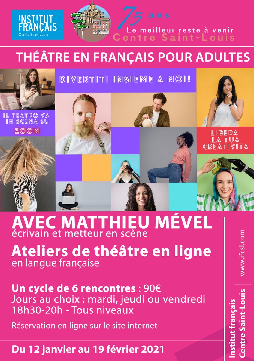 Théâtre, confinés mais pas fermés ! Considérant le succès du premier volet l’IFCSL propose , dès le 12 janvier, une nouvelle série de rencontres théâtrales en ligne avec le prof. Matthieu Mével. @LFChateaubriand <a href="/InstitutRome/">ISD de Rome</a> 
Pour plus d’informations ➡️ifcsl.com/fr/centre-sain…