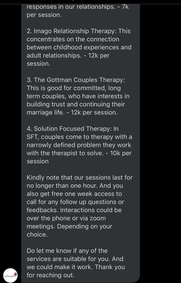 Maryam Hassan of  @Iris_Chronicles Emotional Intelligence Practitioner and their services are mainly focused on promoting healing and Emotional Well-being through dialogue and education. Our therapy sessions for COUPLES are as follows: