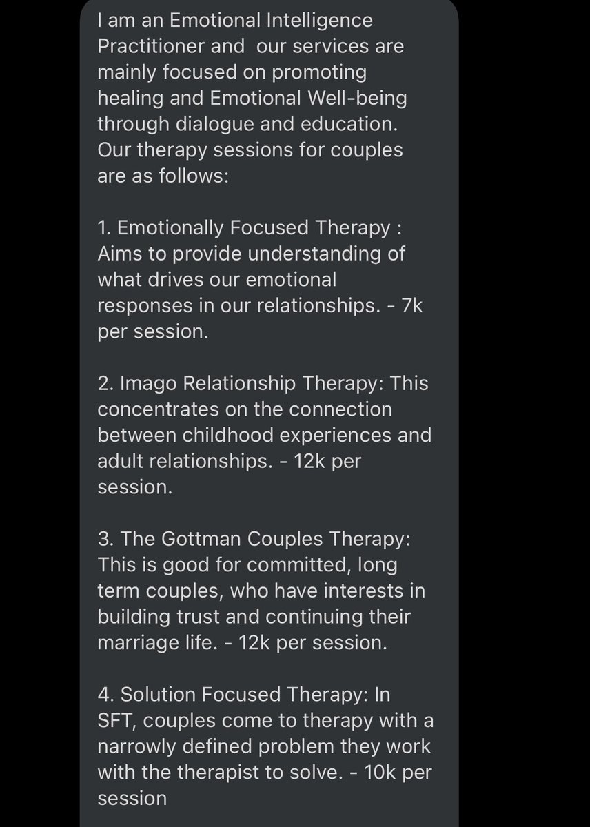 Maryam Hassan of  @Iris_Chronicles Emotional Intelligence Practitioner and their services are mainly focused on promoting healing and Emotional Well-being through dialogue and education. Our therapy sessions for COUPLES are as follows: