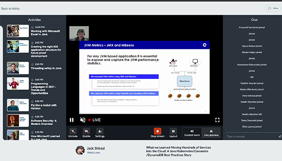 Java2Days's tweet photo. Jack Shirazi hits the limits with 1200+ viewers at #Java2Days! He's presenting: What we Learned Moving Hundreds of Services into the Cloud: A #Java/#Kubernetes/#Cassandra/#DynamoDB Best Practices Story
If you are trying to join the virtual room, please keep calm and try again :) https://t.co/5jhYR9YUrH