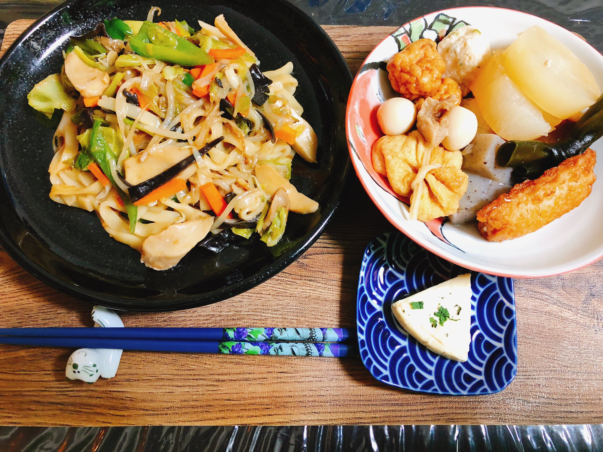 365献立レシピさん 野菜焼きうどん おでん 大根 結び昆布 餅巾着 チーズさつま揚げ 帆立つみれ 合鴨つくね 牛すじ うずらのたまご こんにゃく カマンベールチーズの糠漬け 焼きうどん献立 おでん献立 糠漬け おうちごはん 毎日献立 料理