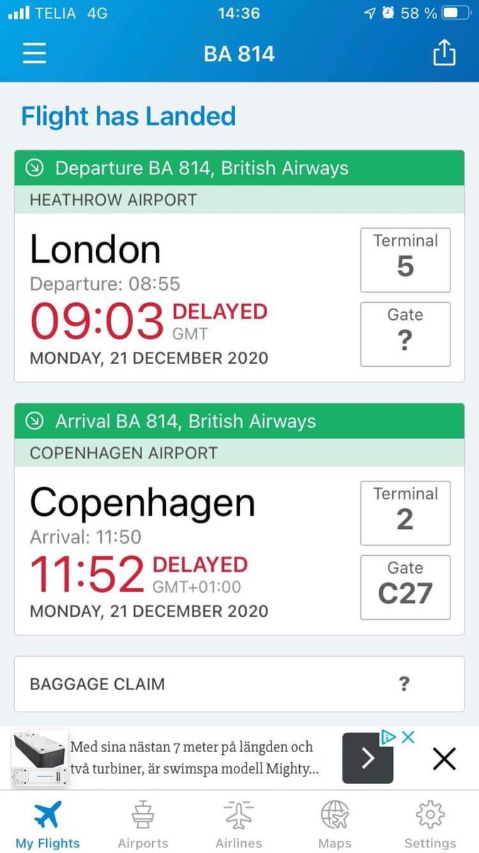 CallanOHearn's tweet photo. @British_Airways My partner received an email at 2:07AM telling her that her flight to Copenhagen was cancelled, however it says here that the flight still departed? Please explain https://t.co/ZbXcbYN9E0
