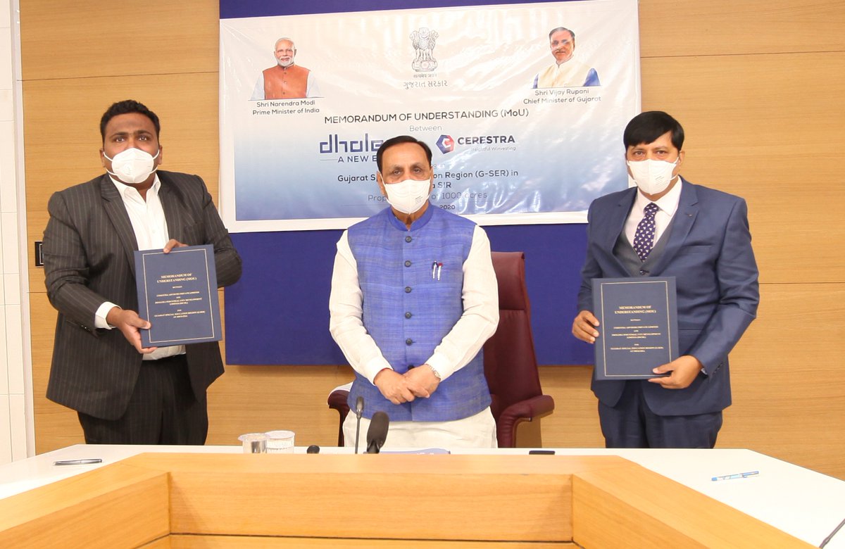 CMOGuj's tweet photo. An MoU was signed between Gujarat Govt and Cerestra Group in the presence of CM Shri @vijayrupanibjp today at Gandhinagar to establish a world-class Gujarat - Special Education Region (G-SER), which would spread across 1000 acres of land at Dholera. https://t.co/XNAMAnMO3U