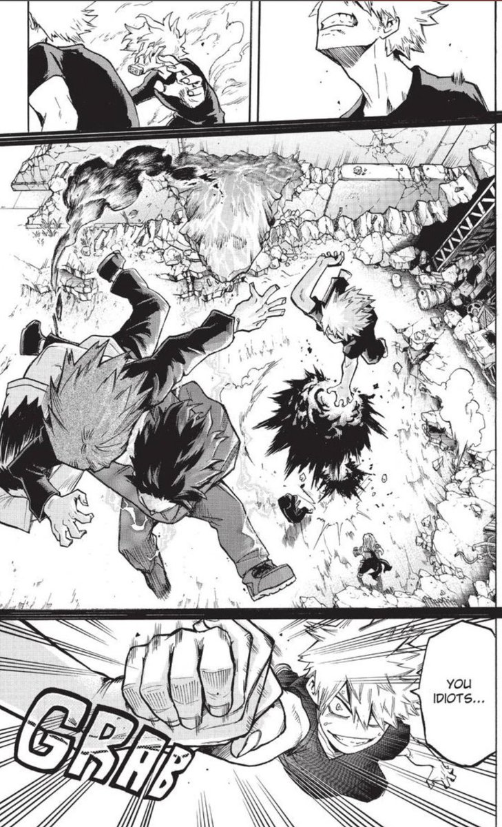 Whereas for Bkg, taking Kirishima’s hand (happily) showed his growth of being able to receive help, BUT as a hero he should be able to rely on ALL of his comrade (without feeling inferior), which then enables him to reach his hand out to help ANYONE (without feeling superior)