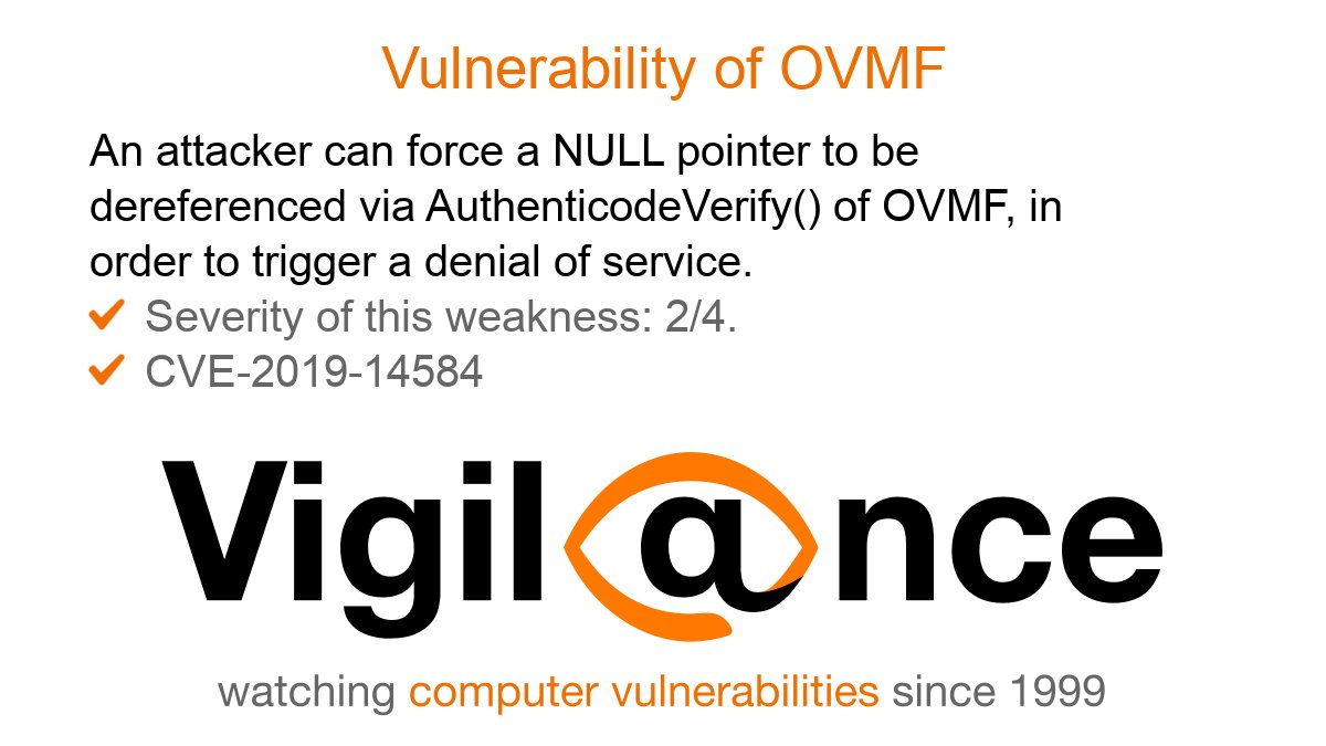 Vigil@nce #Vulnerability of OVMF: NULL pointer dereference via AuthenticodeVerify. https://t.co/vFMSBOm2PP Identifiers: #CVE-2019-14584. #infosec https://t.co/VHZwWvl4pI