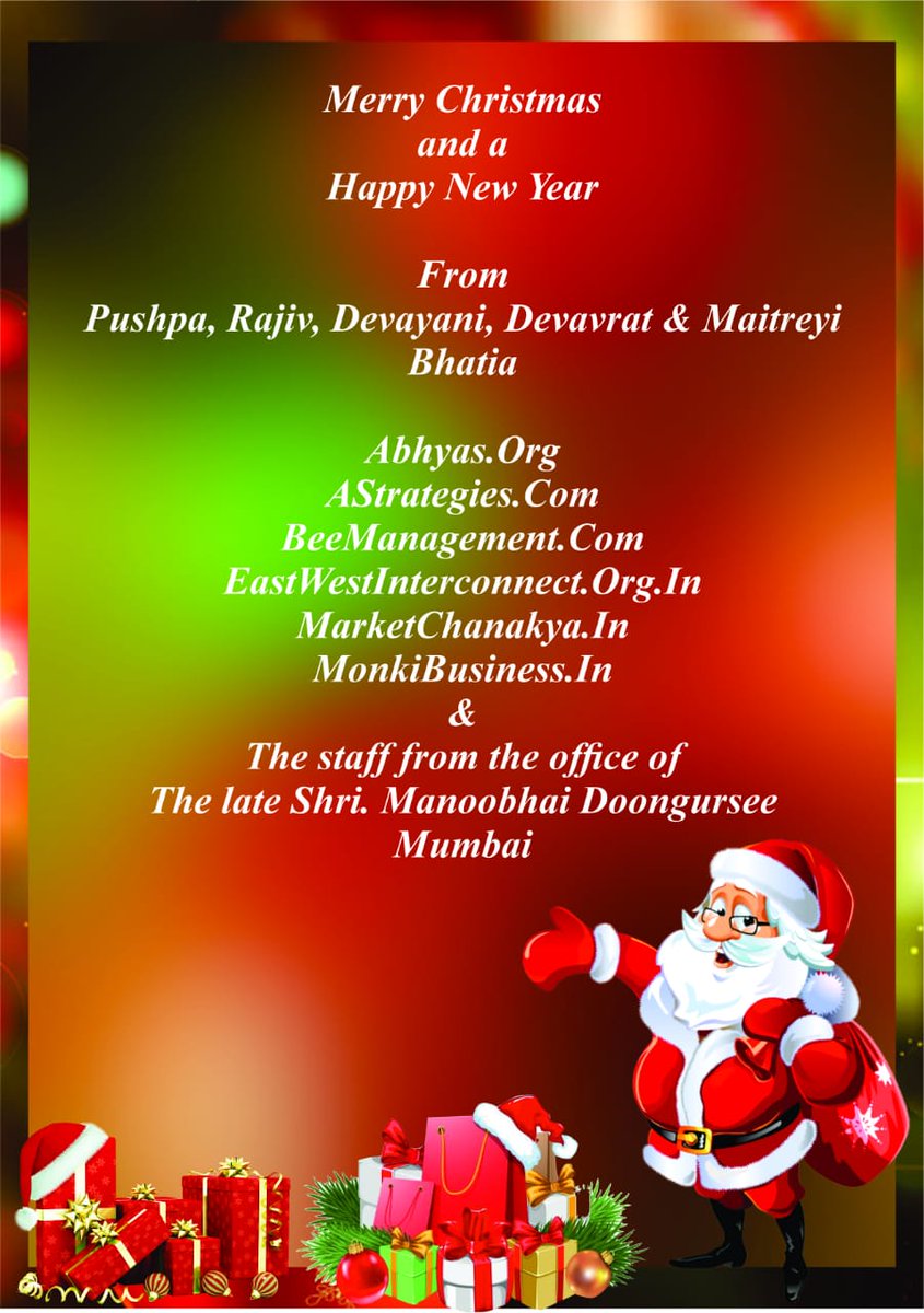 rajivbee's tweet photo. #MerryChristmas from all of us to all of you ..... @ewifoundation @bee_management @astrategiesco @abhyasorg @bombaypanjrapol @hariyareashra @AARajivBhatia @BhatiaMaitreyi @devavratbhatia https://t.co/WUpJaH0dGr