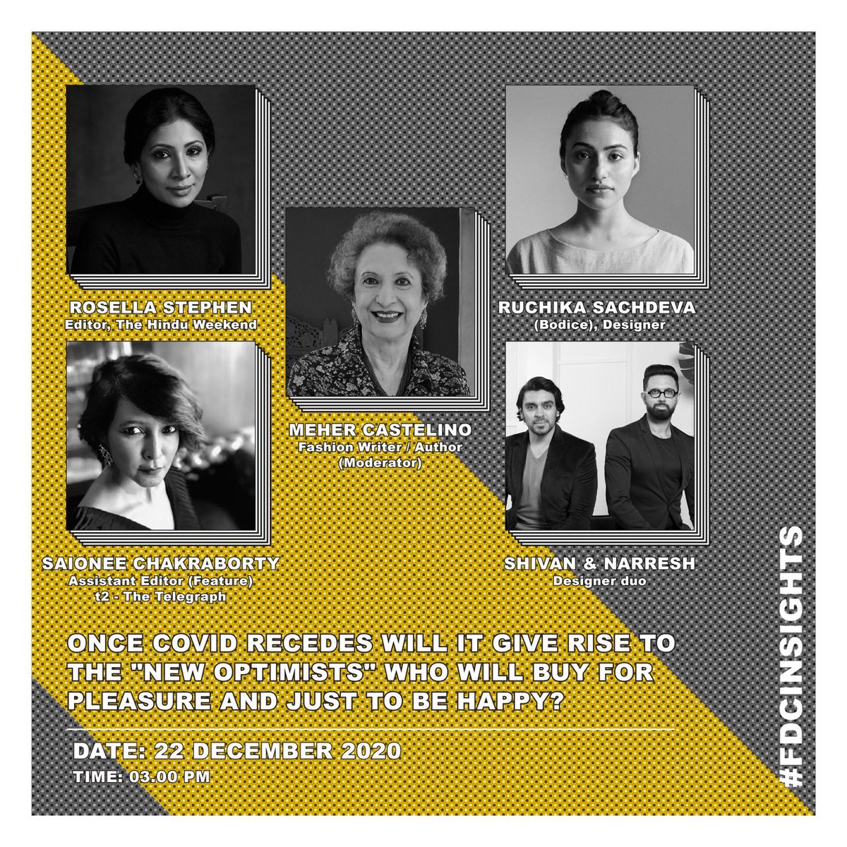 Introducing the fourth topic of #FDCInsights 2.0 - Once Covid recedes will it give rise to the “New Optimists” who will buy fir pleasure and just to be happy? 
Moderator - Meher Castelino , the session panelists <a href="/rosellastephen/">Rosella Stephen</a> <a href="/bodiceboutique/">Bodice</a> <a href="/SaioneeChakrabo/">Saionee Chakraborty</a> <a href="/shivan_narresh/">SHIVAN & NARRESH</a>