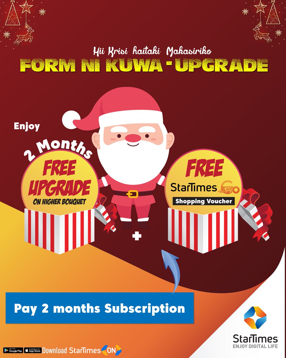 StarTimesKenya's tweet image. Top up 2 months subscription on your current active bouquet and we will #UpgradeYou

Top up now and enjoy wide range of content at the comfort of your home!

*T&amp;amp;Cs Apply

*Offer valid till 15th Jan,2021!

#UpgradeOffer #GetUpgraded