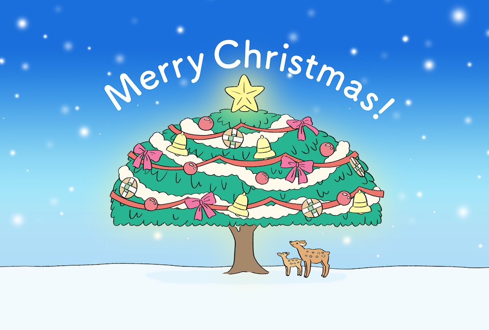 「クリスマスツリーに鹿せんべい!! 」|ヨシノマホ🦌奈良クリエイターのイラスト