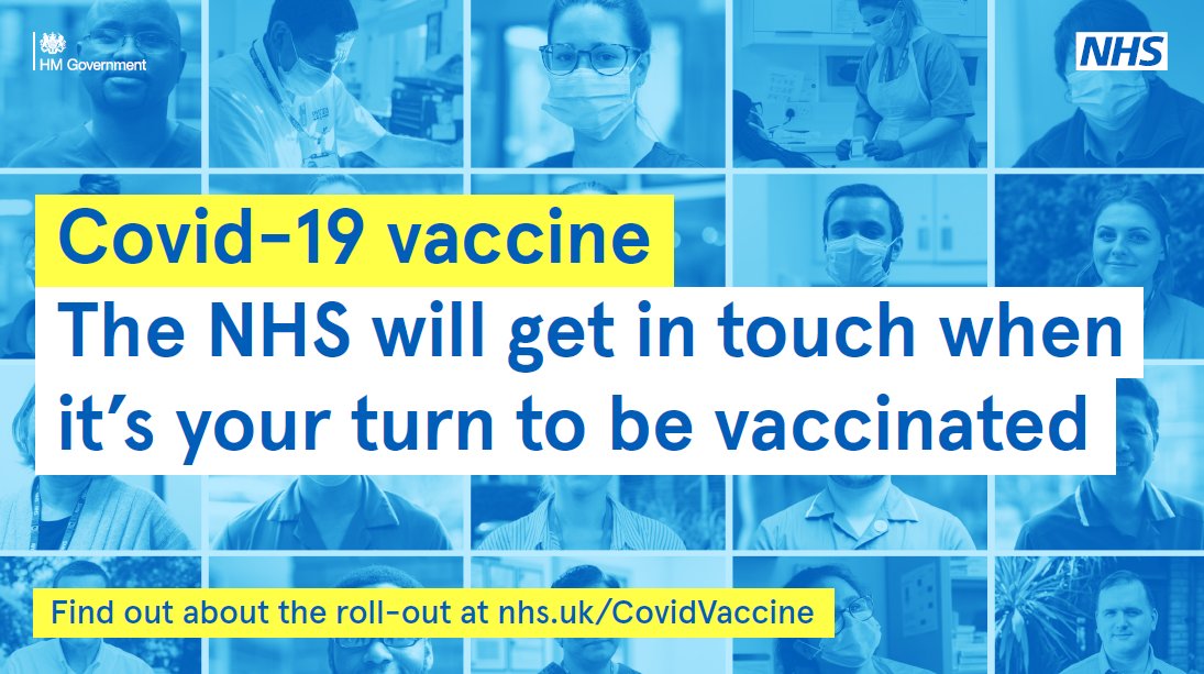 Help the NHS by being patient; please don’t contact the NHS for a vaccine, you will be contacted when it’s your turn.  

When contacted, please attend your booked appointment and remember, you need both doses for the vaccine to be effective.

FAQs: ow.ly/6oER50COjYd
