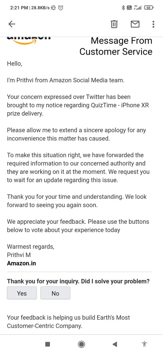 SameerBhuyan's tweet photo. #IWonOnAmazon , @JeffBezos , @AmazonHelp , @amazonIN  . I won iphone xr on  Amazon Quiz (16/06/2020). I haven't got this prize till date. Customer care gave written assurance in September, then in November and finally today.
Is this how Amazon customer care works ? https://t.co/R89XuFeu17