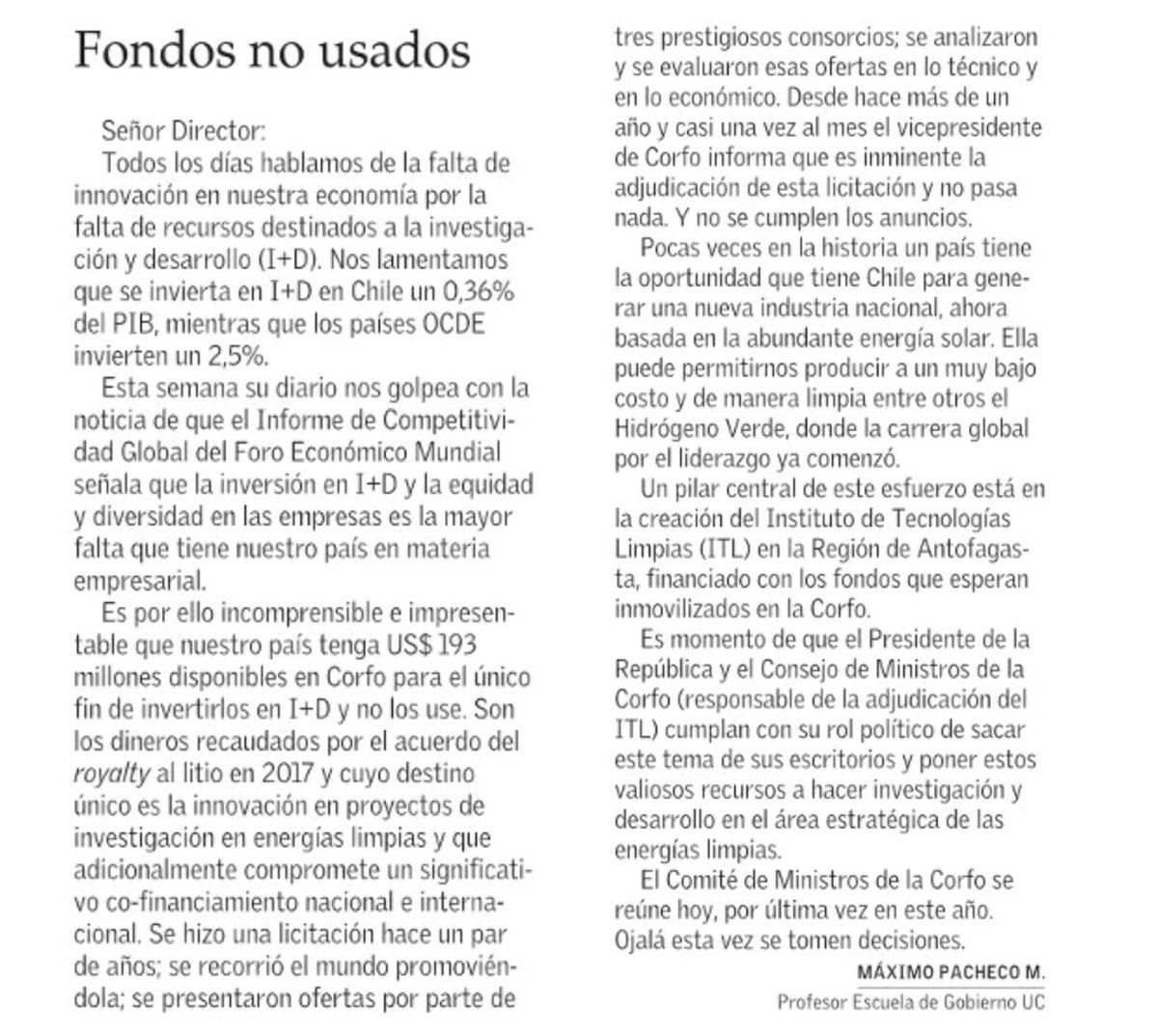 "Pocas veces en la historia un país tiene la oportunidad que tiene Chile para generar una nueva industria nacional, ahora basada en abundante energía solar... Un pilar central de este esfuerzo está en la creación del ITL...", plantea hoy <a href="/maximopachecom/">Máximo Pacheco</a> en <a href="/ElMercurio_cl/">elmercurio_cl</a>