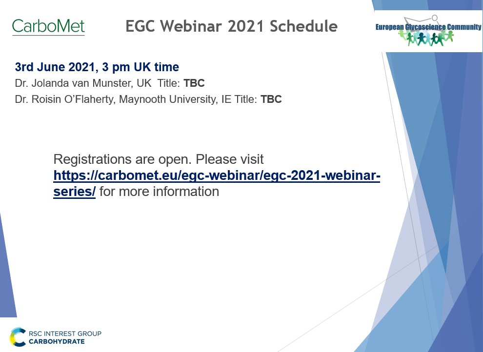 After an incredibly successful EGC Webinar series in 2020 - thanks to all the speakers and participants, we are happy to announce the schedule for 2021. We have a fantastic line-up of speakers covering diverse topics in glycoscience. Register here: carbomet.eu/egc-webinar/eg…
