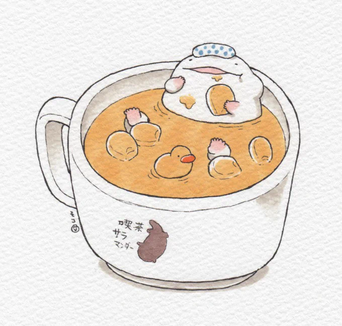 モコです!最近急に寒くなってきましたね。今日は昔のイラストより、ドリーム温泉シリーズをまとめて更新です! 美味しい温泉を楽しむオオサンショウウオでした?✨ 