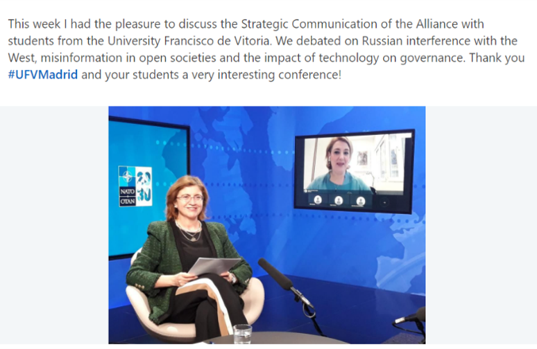 cbcg_ufv's tweet photo. Seminario sobre Comunicación Estratégica, participa Carmen Romero, #NATO Deputy Assistant Secretary General for Public Diplomacy #StartCom #desinformación #OTAN, @UFVComunicacion @NATORomeroC @eugeniademadrid https://t.co/tjei6XrzR7