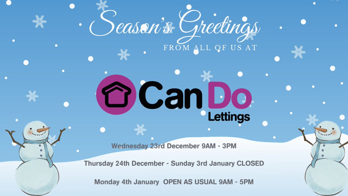 CanDoLettings's tweet photo. Here are our office hours over the Christmas period. 
Season's Greetings to you all!☃️ 🎄
❕Our Twitter page will not be monitored over the Chrismas period, please contact us on 029 2049 8898 if you need to report an emergency repair. https://t.co/2ConRRyyVl