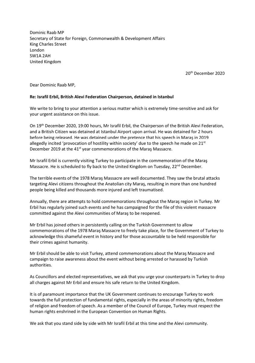 BAFederation's tweet photo. We are grateful to Councillors and elected representatives who have written to the Foreign Minister @DominicRaab, urging him to take urgent action in supporting our Chairman, Israfil Erbil.
#StandWithIsrafilErbil #JUSTİCE4ALEVİS #IsrafilErbil https://t.co/nbKypJzwMY
