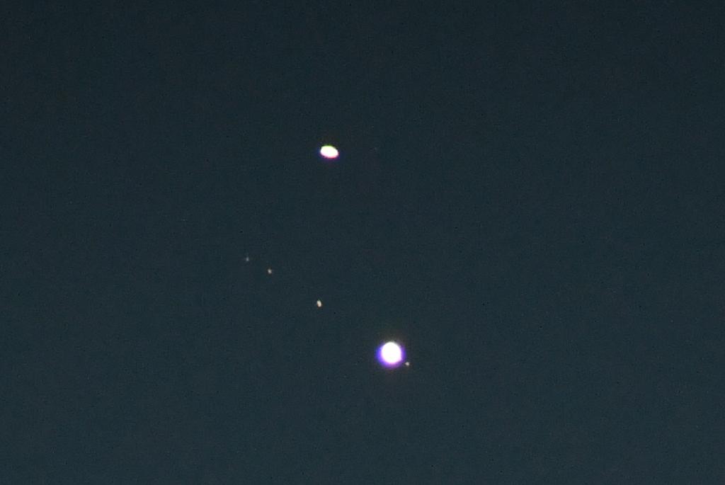 Last nights conjunction of Saturn, Jupiter and four moons sent from the telescope of my sister’s neighbours in East Sussex: