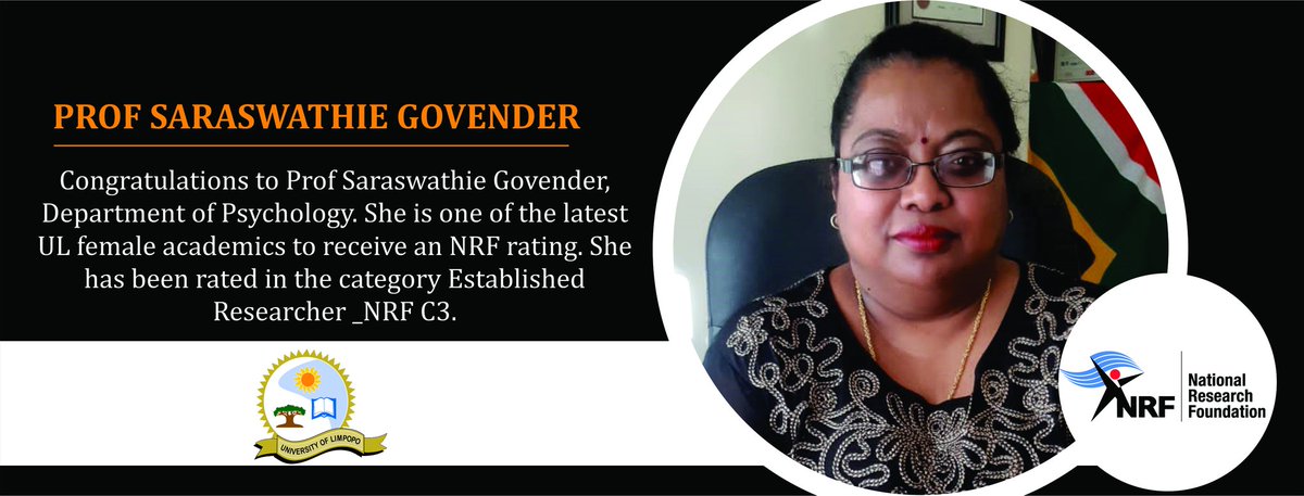 ULvarsity's tweet photo. Congratulations to Prof Saraswathie Govender, Department of Psychology. She is one of the latest UL female academics to receive an NRF rating. She has been rated in the category Established Researcher _NRF C3. @NRF_News https://t.co/T3dz633c4w