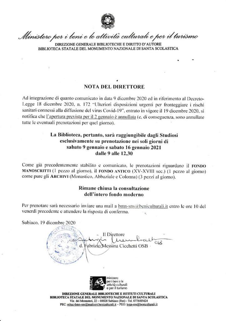 SantaScolastica's tweet photo. Nota del Direttore del 19 dicembre 2020 https://t.co/jAjN46EO4n
