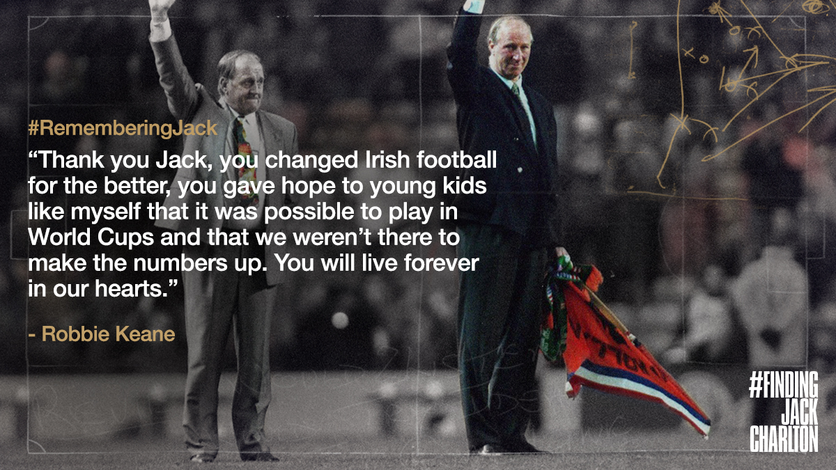 findingjackfilm's tweet photo. #RememberingJack Day 21 is a tribute from @FAIreland's top scorer in history, Robbie Keane, expressing the impact of Jack's legacy on Irish football long after his retirement.

#FindingJackCharlton https://t.co/fCxLjRBkhj https://t.co/SWotzcBi5q