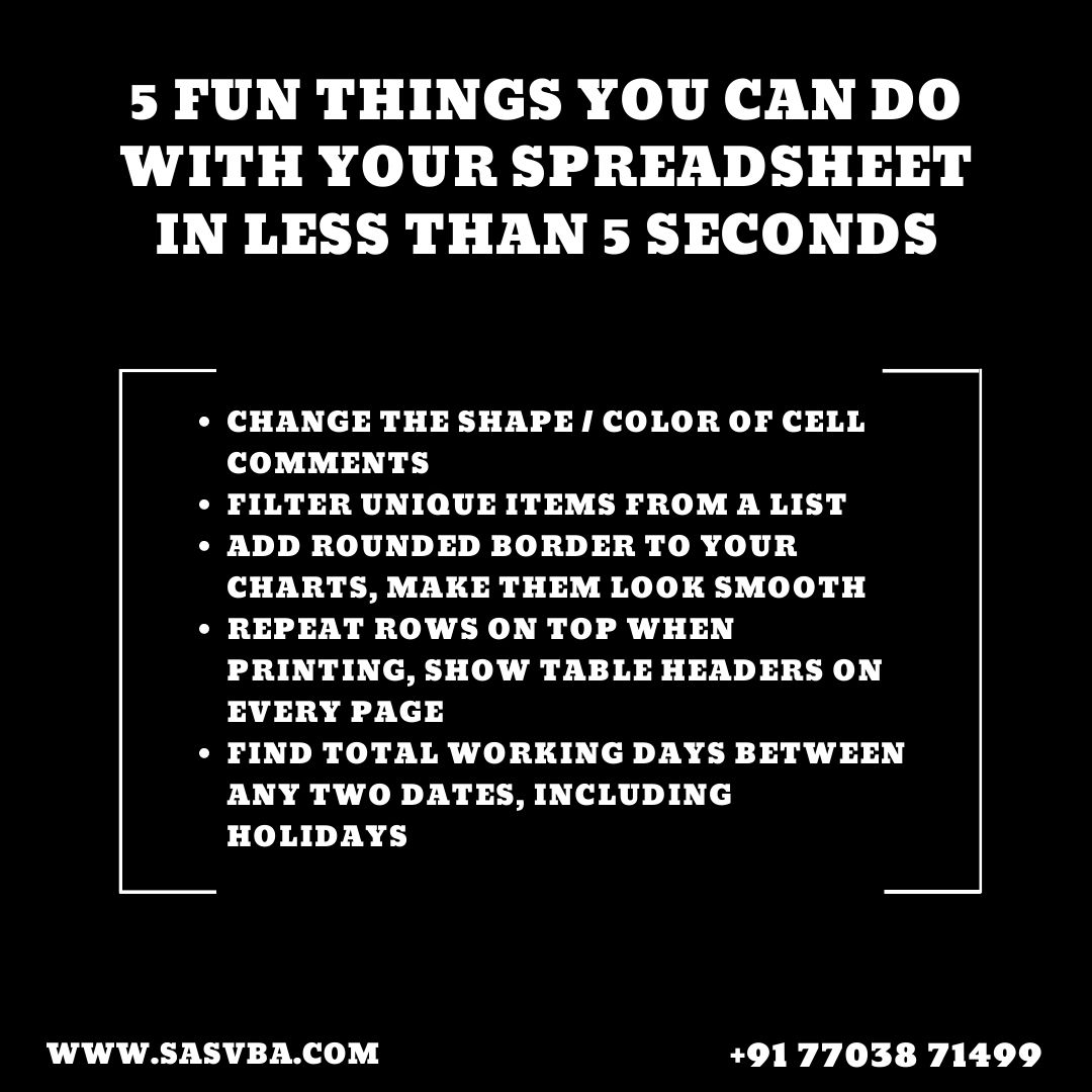 SasvbaInstitute's tweet image. Here are 5 Fun Things you can do with your spreadsheet in less than 5 second
.
.
.
see more: sasvba.com/advanced-excel…
#excel #data #like #business #exceltraining #training #dashboard