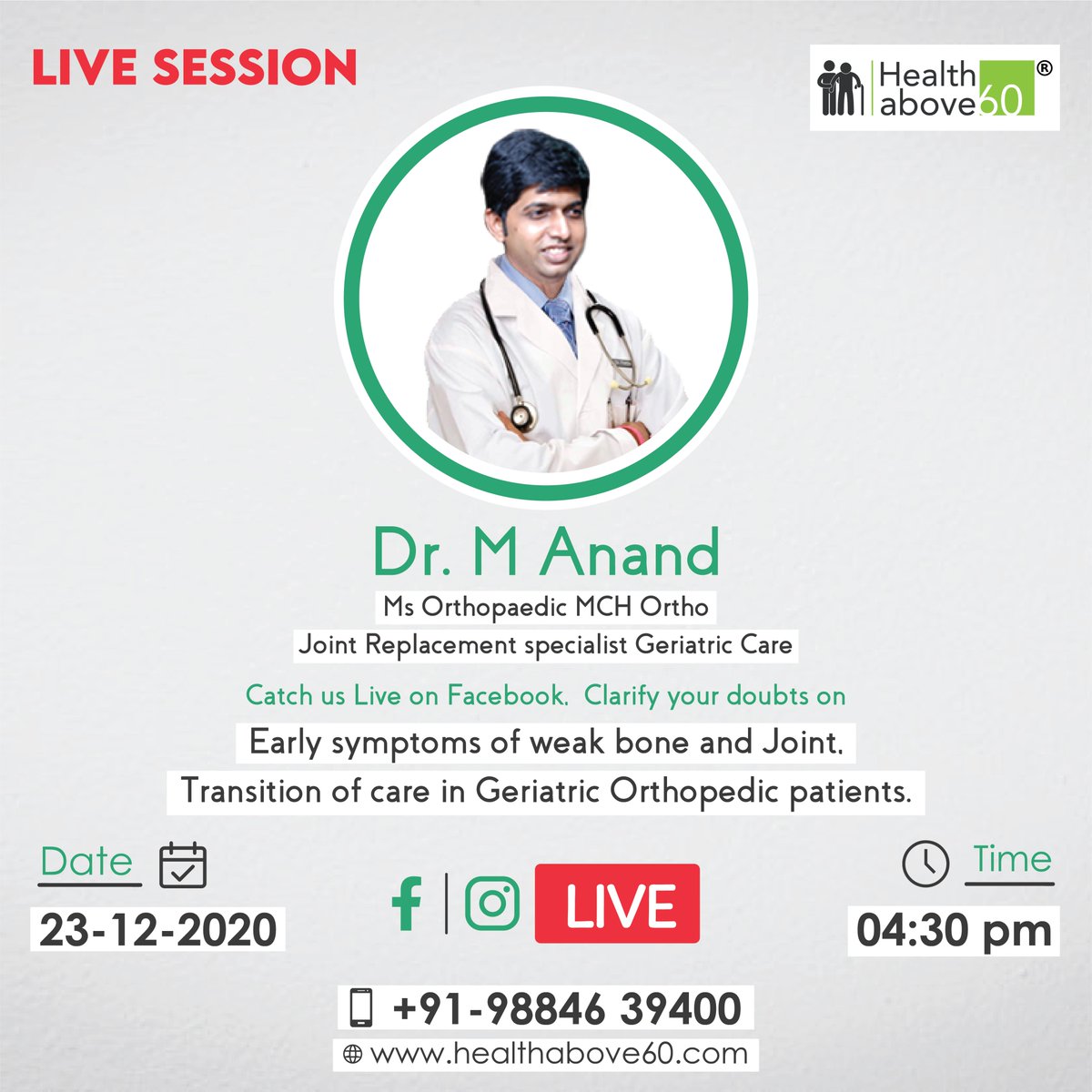 Join the #live discussion on 'Early symptoms of weak #bone and #joints, transition of care in #Geriatricpatients' with Dr.M Anand, Joint replacement specialist on Geriatric care on 23rd December, from 4.30pm onwards. #geriatriccare #doctorlivesession #orthospecialist #orthodoctor