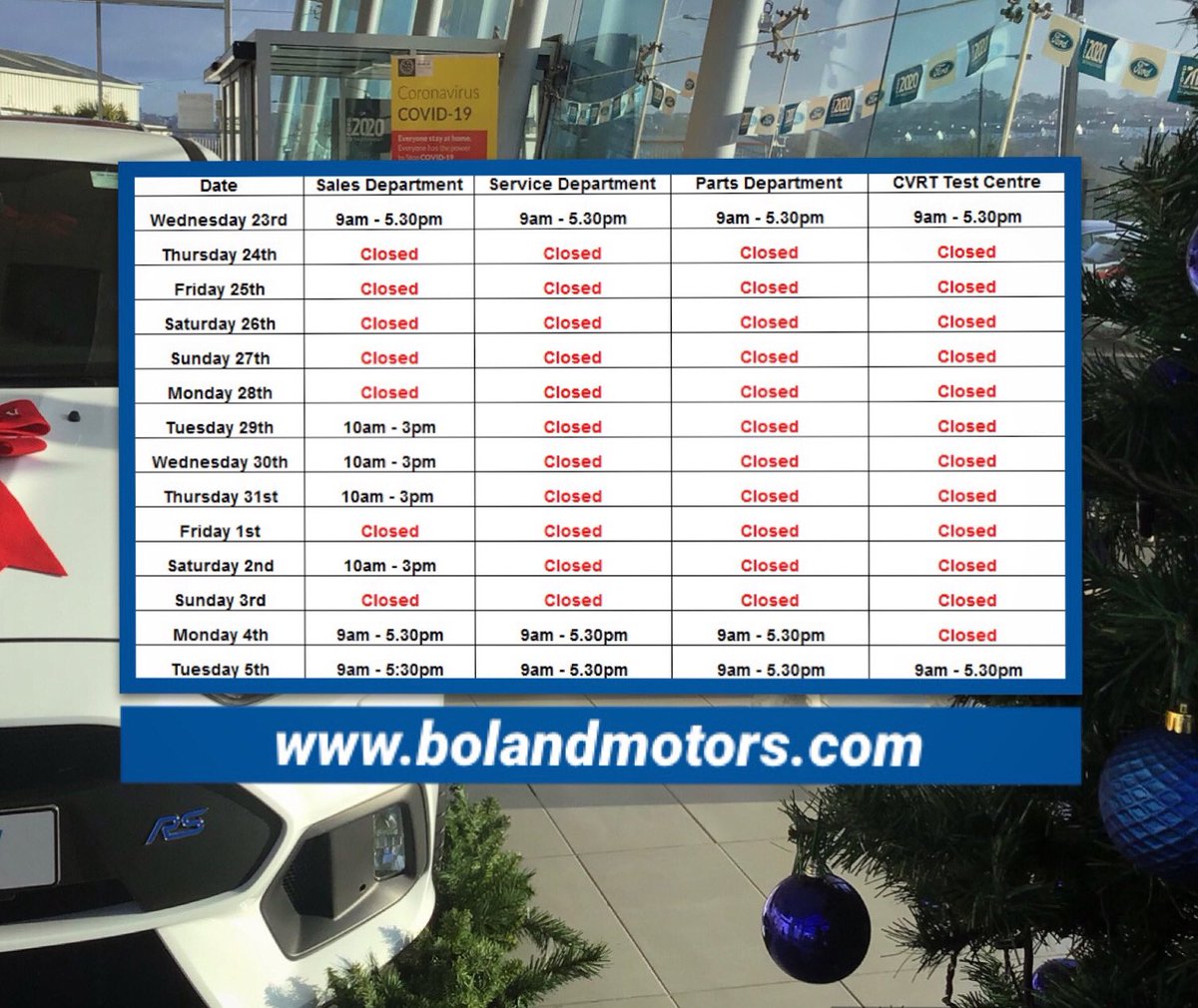 ✨Christmas Opening Hours✨

A big thank you to everyone for their custom during this difficult year! 

We want to wish all ours customers &amp; friends a very 
Merry Christmas &amp; a Happy New Year! 🎅🏼🎉

Stay Safe Everyone enjoy Christmas! 🚘
￼