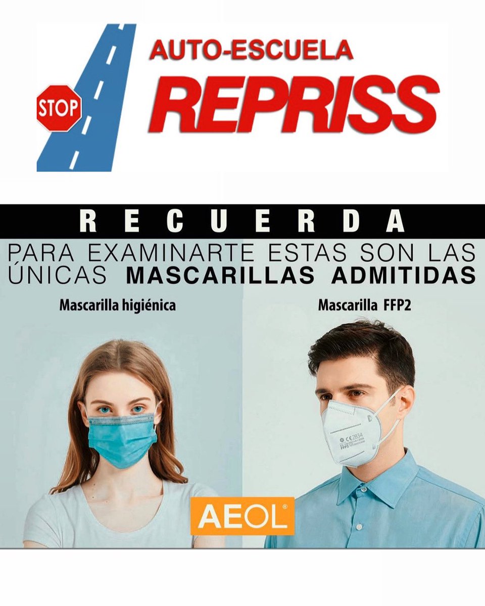 autorepriss's tweet photo. Es obligatorio para examinarse de teórico y de circulación ir provisto de una mascarilla higiénica o FFP2. 

¡IMPORTANTE: NO SON VÁLIDAS LAS DE TELA! 

#carnetdeconducir #autoescuelarepriss #teorico #practico #autoescuelas #madrid #torrejondelacalzada #getafe #permisoB #conducir https://t.co/T2Ei0JCNQY